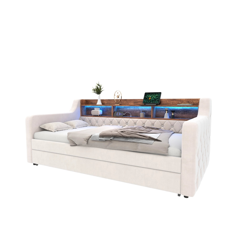 Divano letto estraibile 90x190 cm in velluto beige con LED; USB-C e contenitore