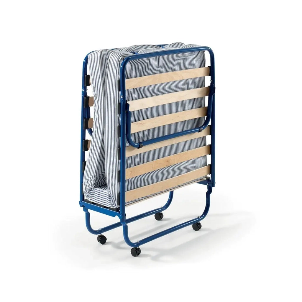 Letto pieghevole NAZARE – 80x190 cm in metallo blu con ruote, rete e materasso inclusi