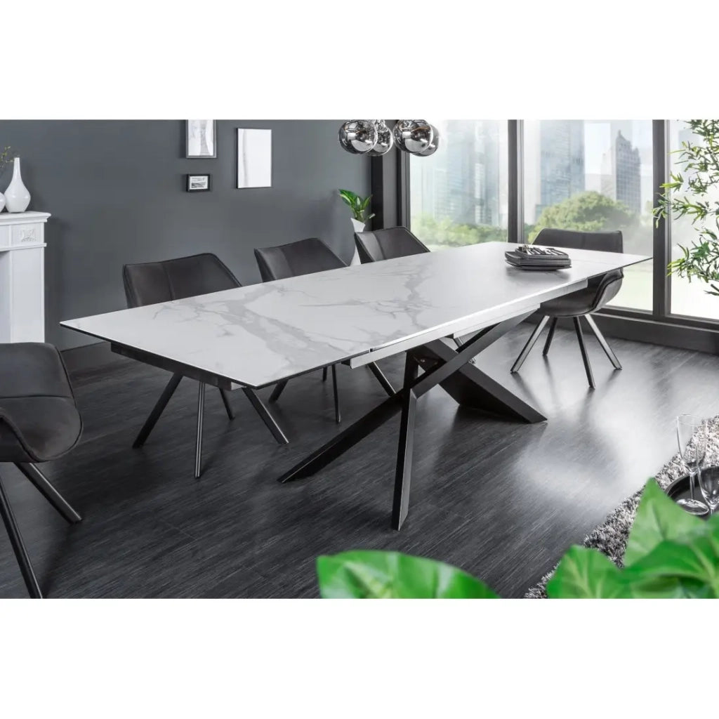 Table STELIX 180–220–260 cm – Piano in ceramica effetto marmo bianco e vetro temperato – Estendibile con gambe in metallo nero