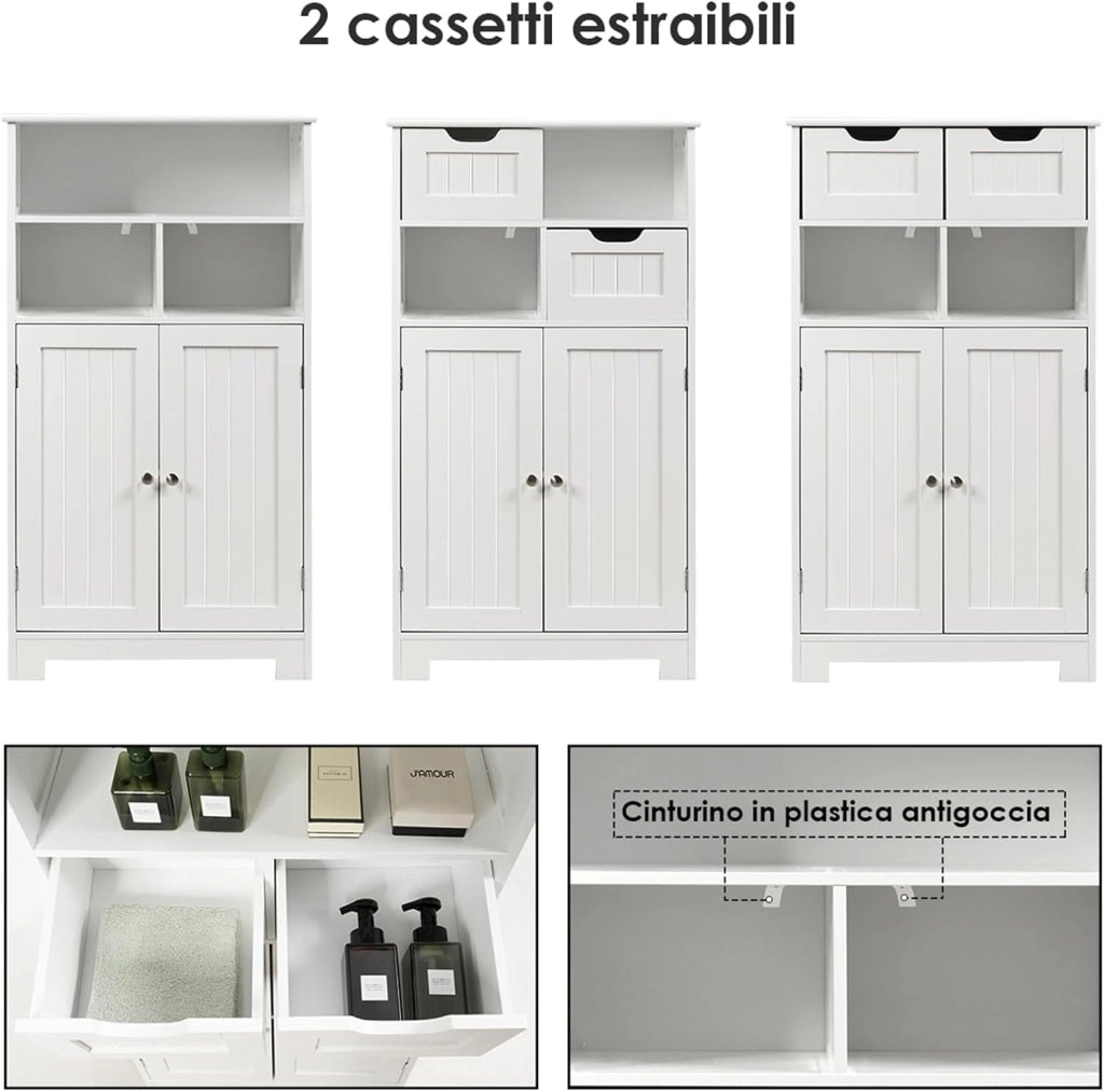Armadietto Terra da Bagno Mobile Autoportante, Mobiletto Ufficcio Multiuso, con Cassetti e Ripiani, Ampio Spazio, Legno (Bianco)