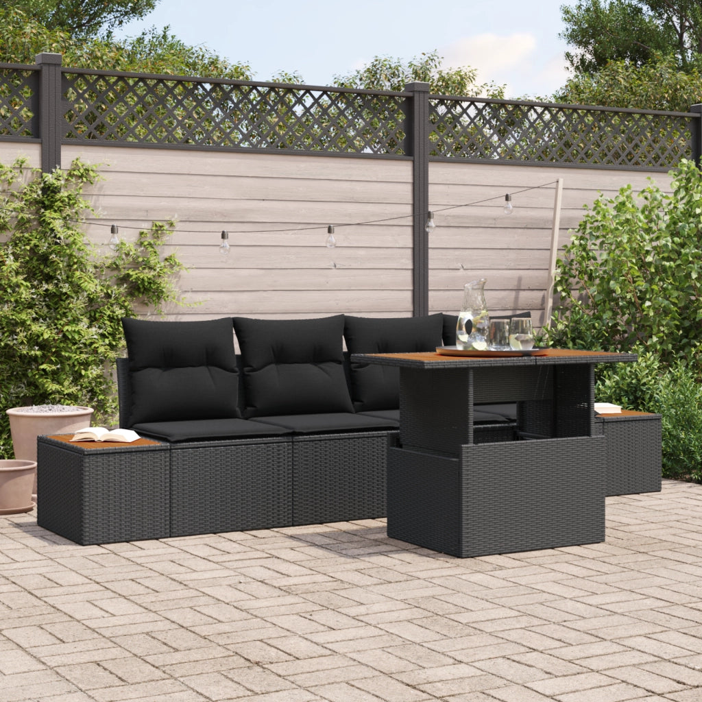 Set Pranzo Giardino 5 Pezzi Cuscini Nero Polyrattan Acacia