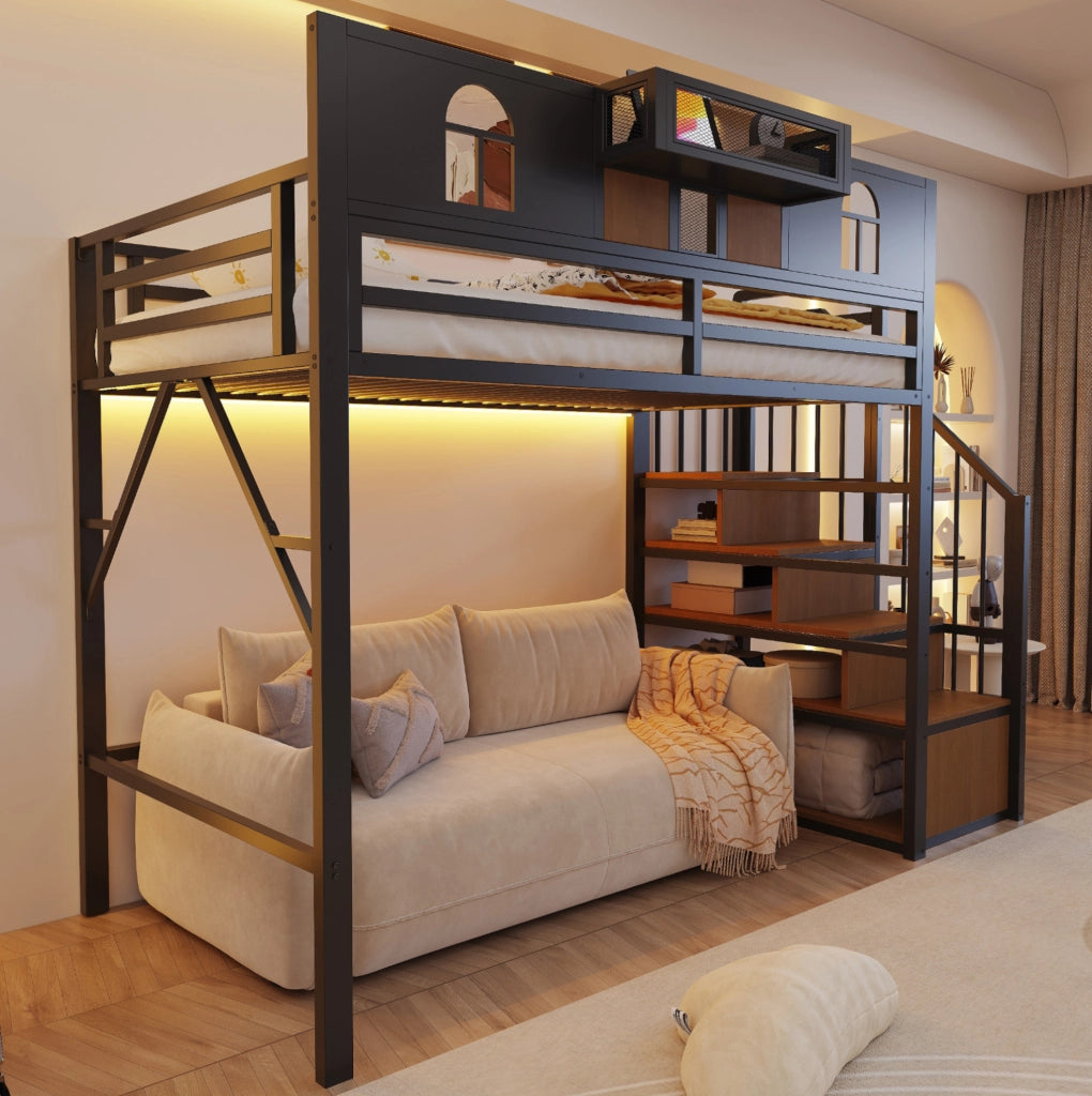 Letto a soppalco in metallo 90 x 200 cm con scala contenitore; ripiani e barra luminosa nero