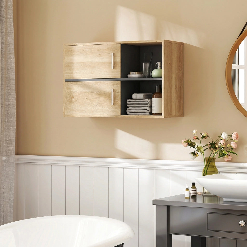 Mobile Bagno Parete con 2 Ante e Ripiani Aperti ¨C zephmum ¨C Legno Naturale 80x35x57,5 cm