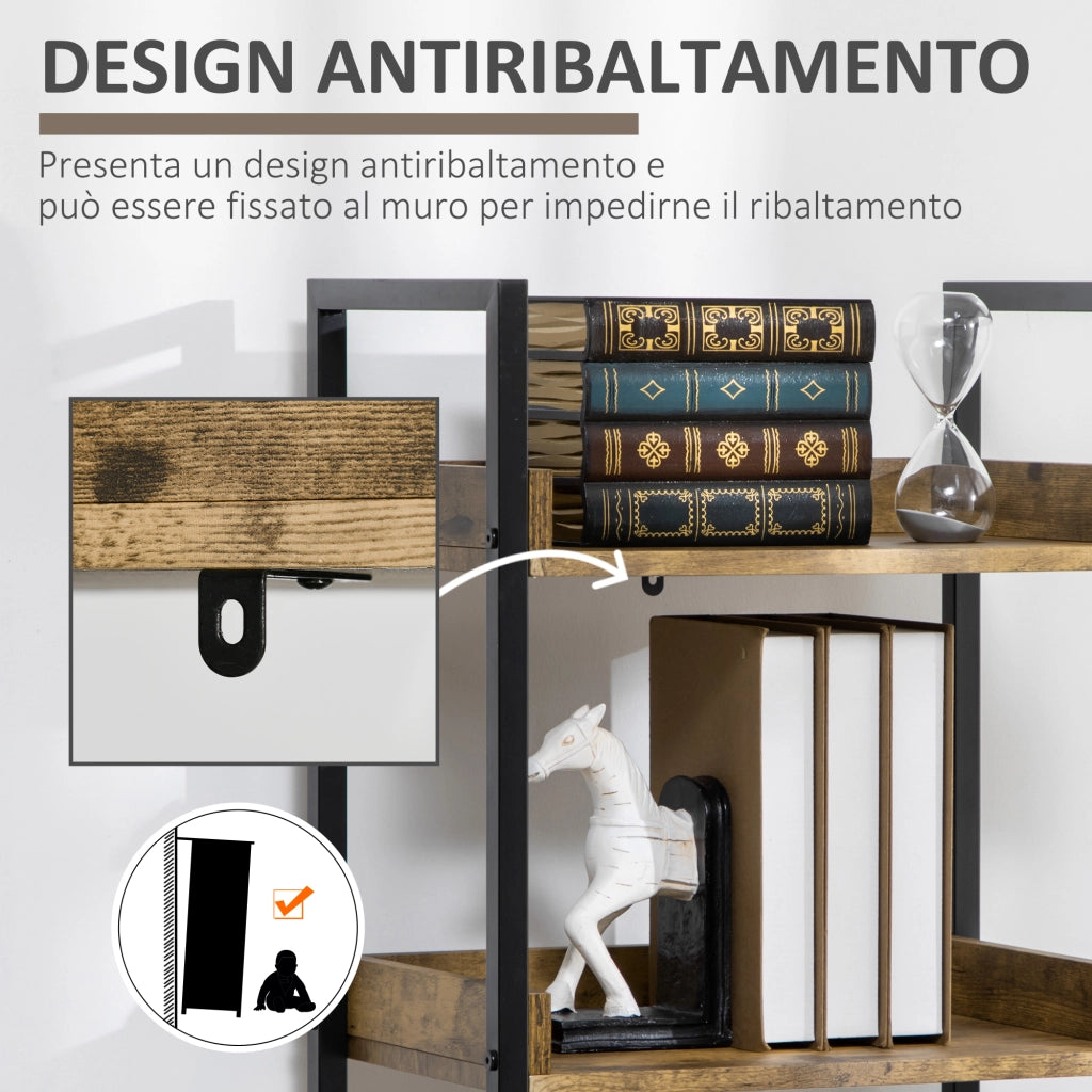 Libreria Stile Industriale a 5 Ripiani in Legno e Metallo, 48x30x155cm, Marrone Rustico