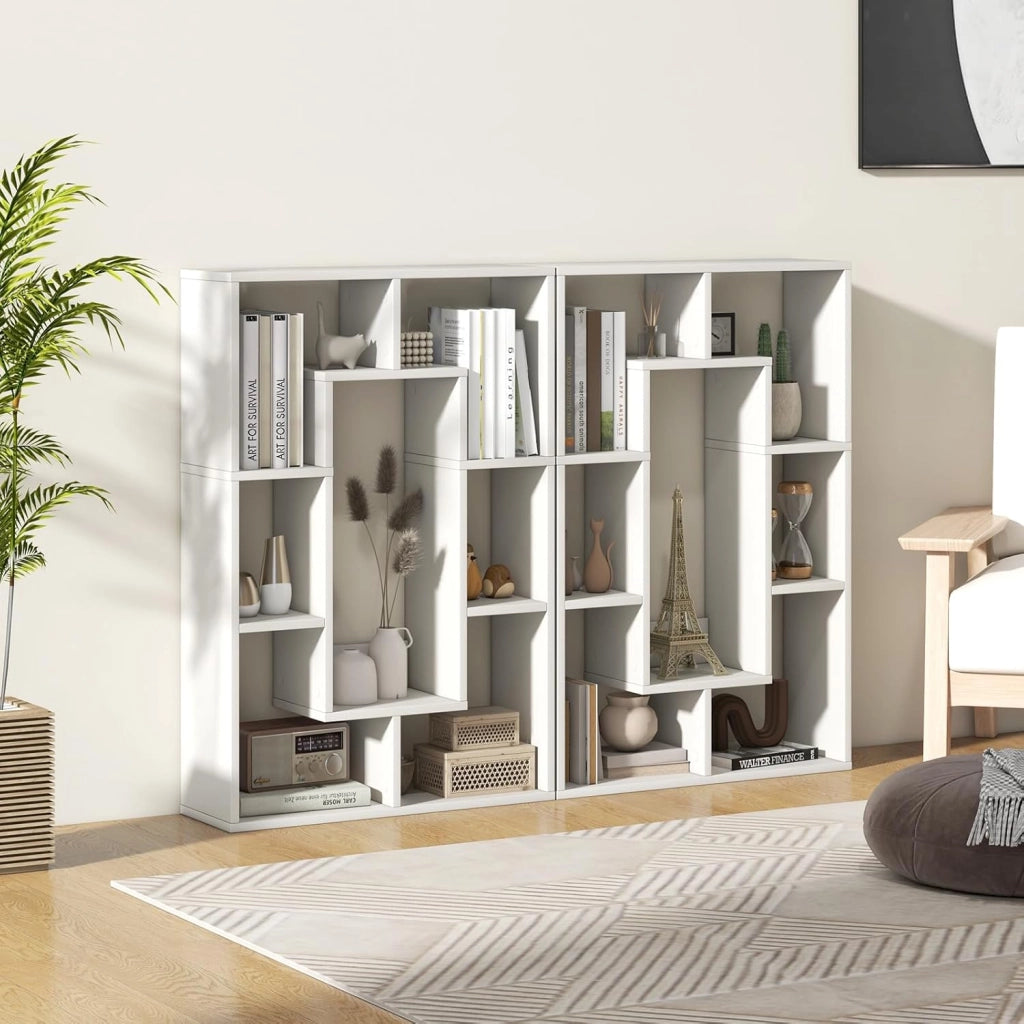 Libreria a 7 cubi bianca, moderna libreria rettangolare autoportante in legno con kit anti-ribaltamento, scaffale in legno, organizer a cubo aperto, espositore per soggiorno, camera dei