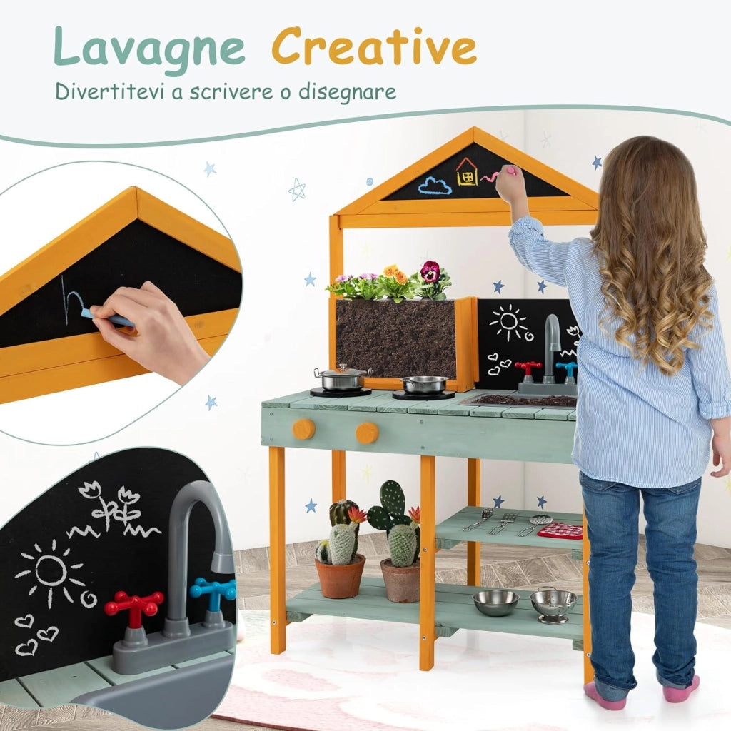 Cucina Giocattolo per Giardino con Vaso da Piantinaggio Trasparente, Rubinetto e Lavandino Rimovibile, Cucina in Legno di Abete per Bambini, Set Cucina con 8 Accessori (Verde e Arancio)