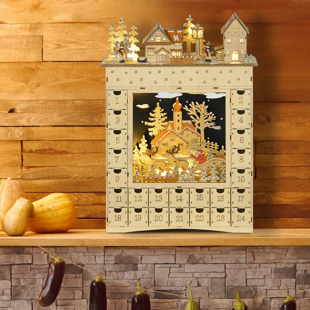 Calendario dell'Avvento LED villaggio innevato 24 cassetti ¨C Xylo ¨C decorazione natalizia beige