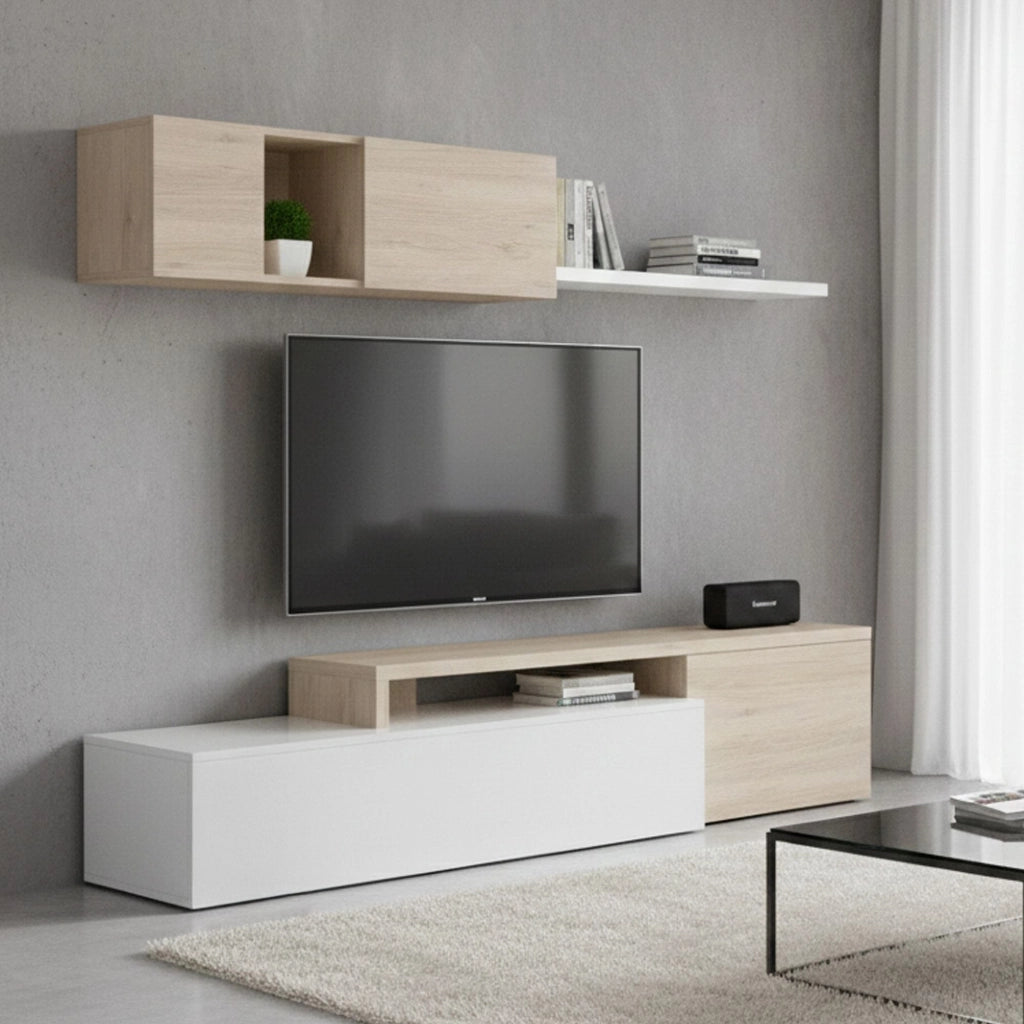 Parete attrezzata Axayazala, Set da soggiorno modulare ad angolo, Mobile salotto porta TV multiposizione, 201x41h180 cm, Bianco e Rovere