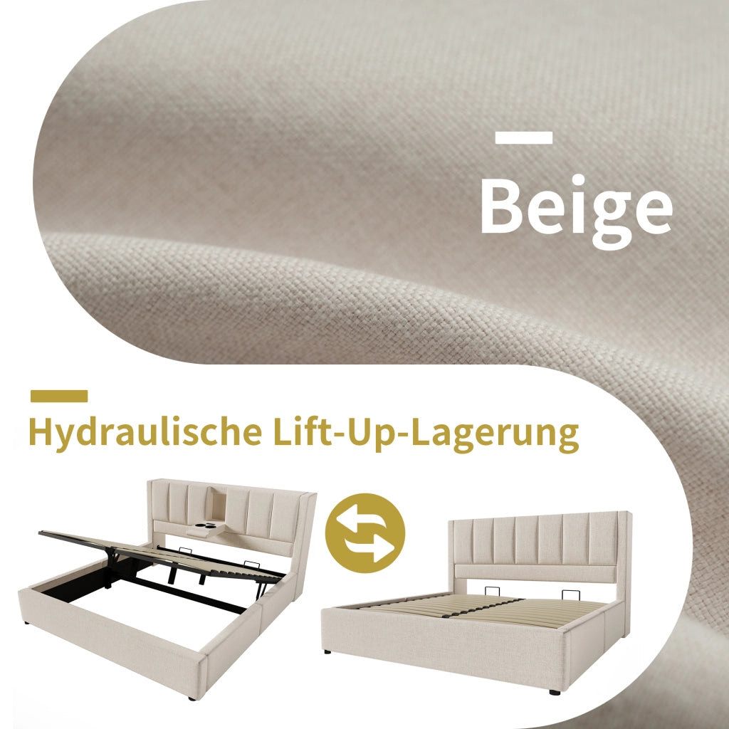 Letto imbottito di dimensioni 180x200 cm con sistema di carico idraulico e lenzuola beige