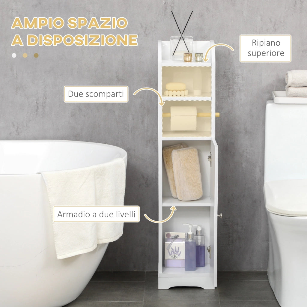 Colonna Bagno con 3 Ripiani Aperti e Armadietto a 2 Livelli Regolabile. in Legno. 23x18x100 cm. Bianco