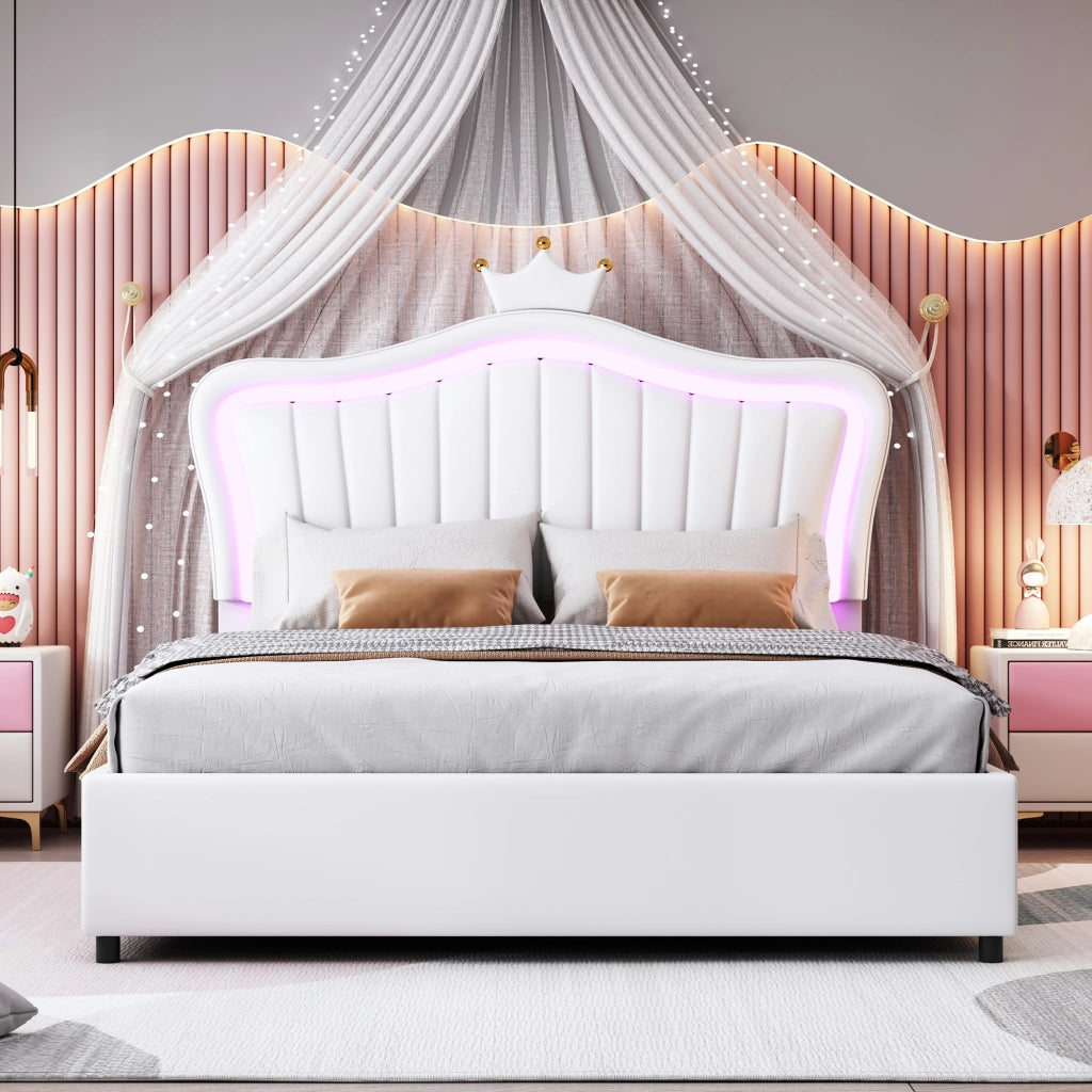 OKWISH Letto Bambini 140×200 cm, Letto Singolo con Contenitore Idraulico, LED Multicolore e Testiera Regolabile, senza Materasso, PU Bianco