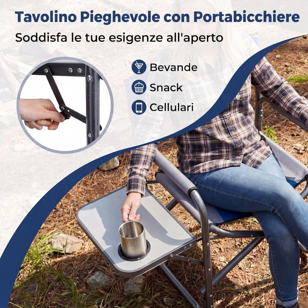 Sedia da Regista Imbottita con Tavolino, Ampio Sedile, Braccioli e Schienale, Sedia da Campeggio Pieghevole con Telaio Metallico per Eventi Sportivi e Pesca, Portata 180 kg (Blu)