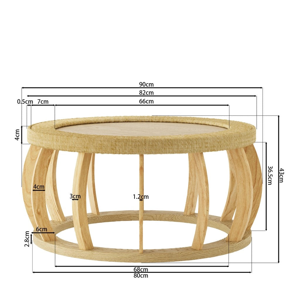 Tavolino da Caff¨¨ Rotondo in Legno Massello e Rattan ¨C MINIMAL ¨C Naturale, Gambe Curve