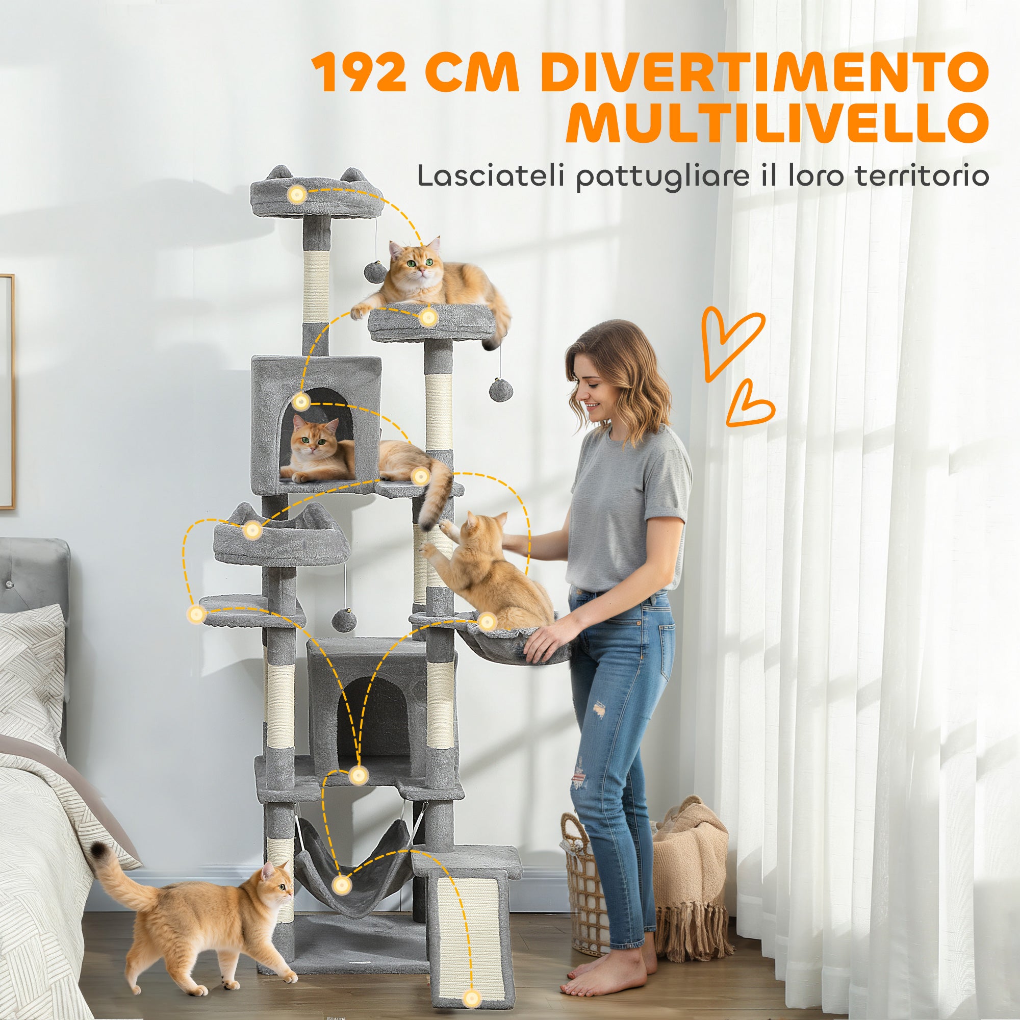 Albero Tiragraffi per Gatti 48x48x192 cm con Amache e Casette in Sisal e Peluche Grigio e Crema