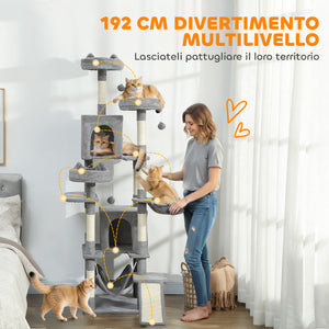 Albero Tiragraffi per Gatti 48x48x192 cm con Amache e Casette in Sisal e Peluche Grigio e Crema
