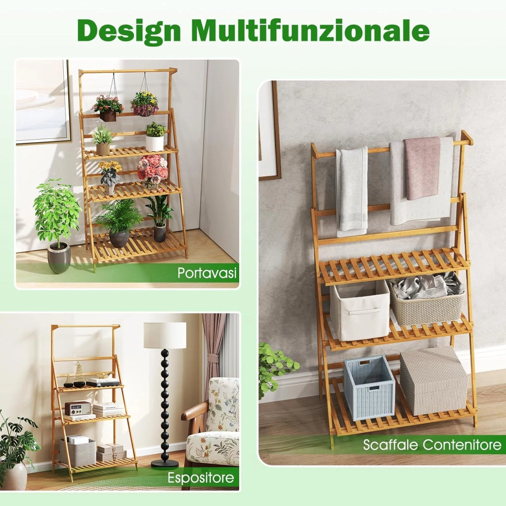 Porta Piante da Interno ed Esterno, Scaffale per Piante e Fiori a 3 Ripiani con Asta Rimovibile, Porta Vasi Pieghevole da Balcone, Giardino e Salotto, 71 x 40 x 144 cm