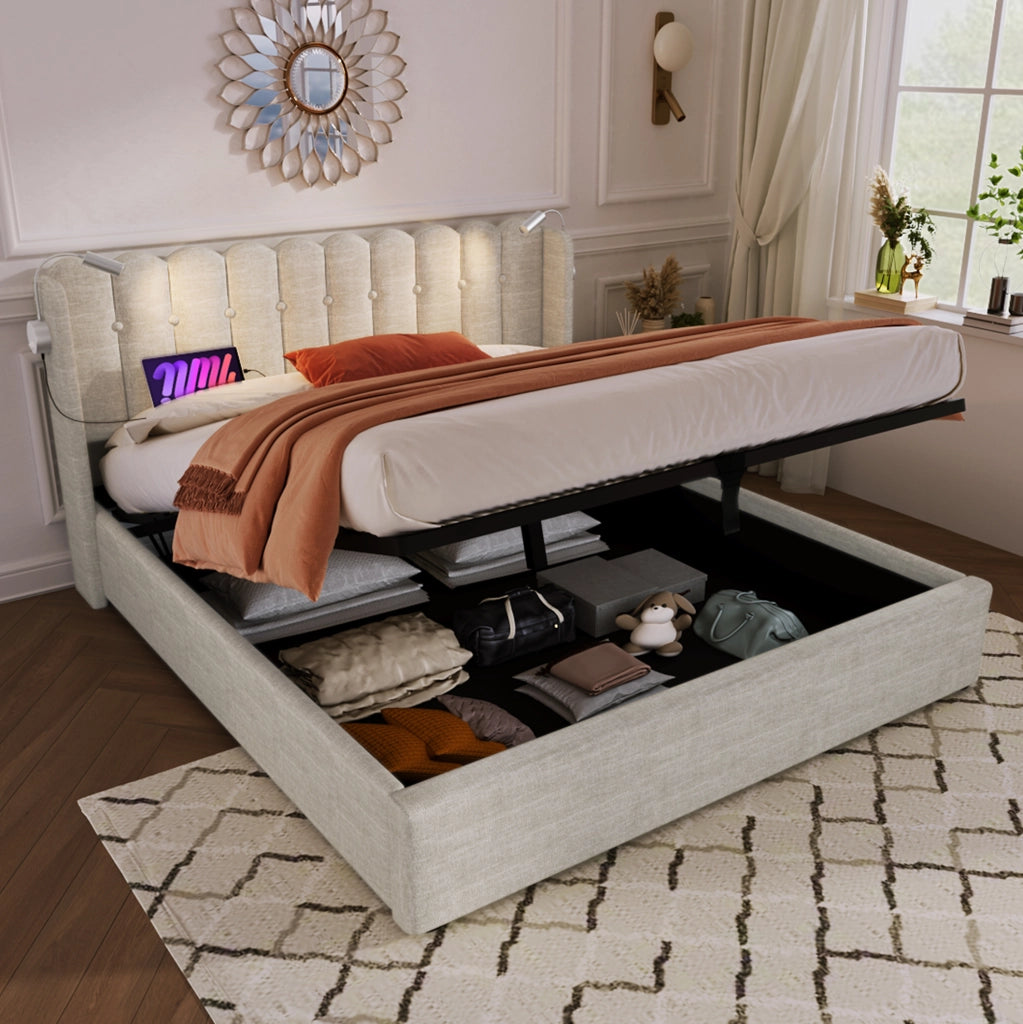 Letto matrimoniale contenitore ULEVR 140x200 cm con luci da lettura, 2 USB e rete a doghe, beige