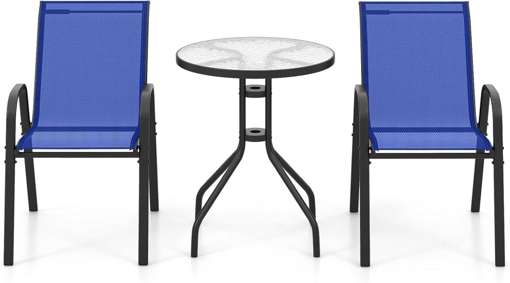 Set di 2 Sedie da Giardino con Tavolo in Vetro, Schienale Alto e Seduta Larga, Telaio in Acciaio Verniciato a Polvere, Tessuto Textilene Traspirante, per Balcone e Esterno (Blu)