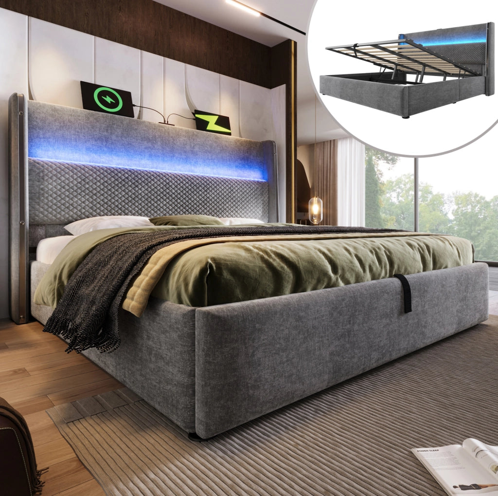 Letto matrimoniale con contenitore 180x200 cm in lino grigio con testiera alta; LED e USB/Type-C