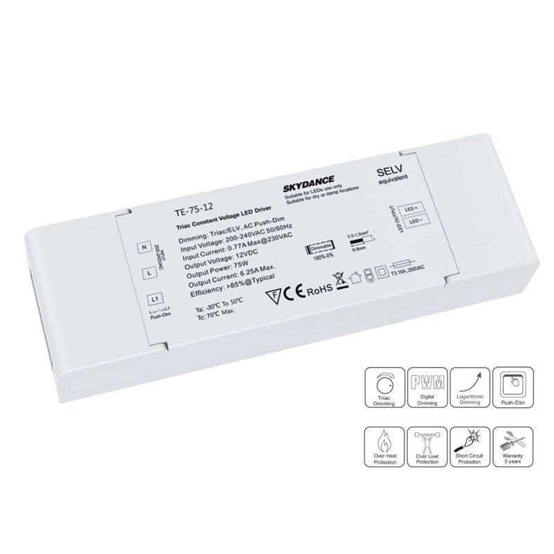 Alimentatore Dimmerabile CV 12V 75W Triac + Pulsante N.O. Varialuce Su 220V Per Striscia Led 12V TE-75-12