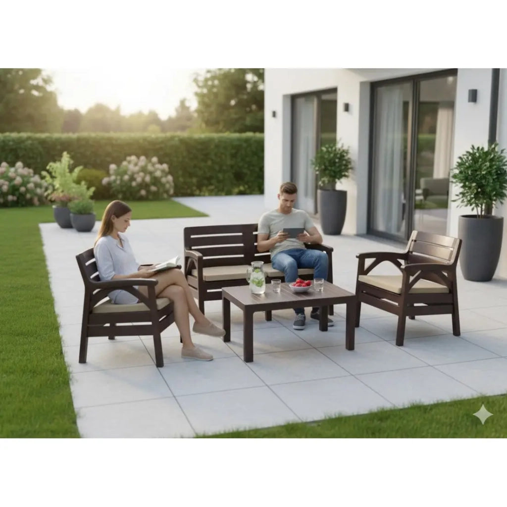 Set da giardino SAVENNA 4 posti marrone con divano, poltrone e tavolino