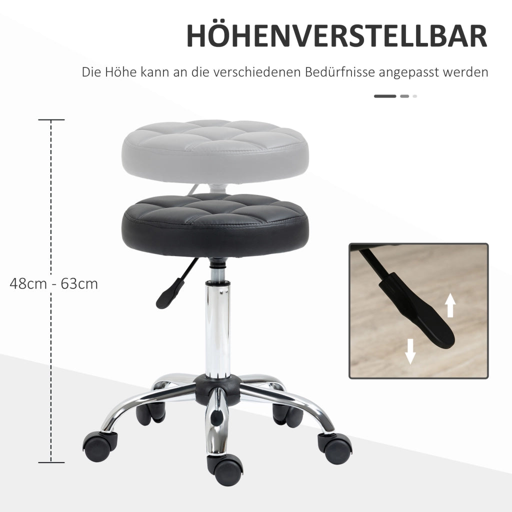 Sgabello girevole regolabile in altezza con ruote per saloni estetici in pelle sintetica nera Ø 35,5 × 48-63 cm