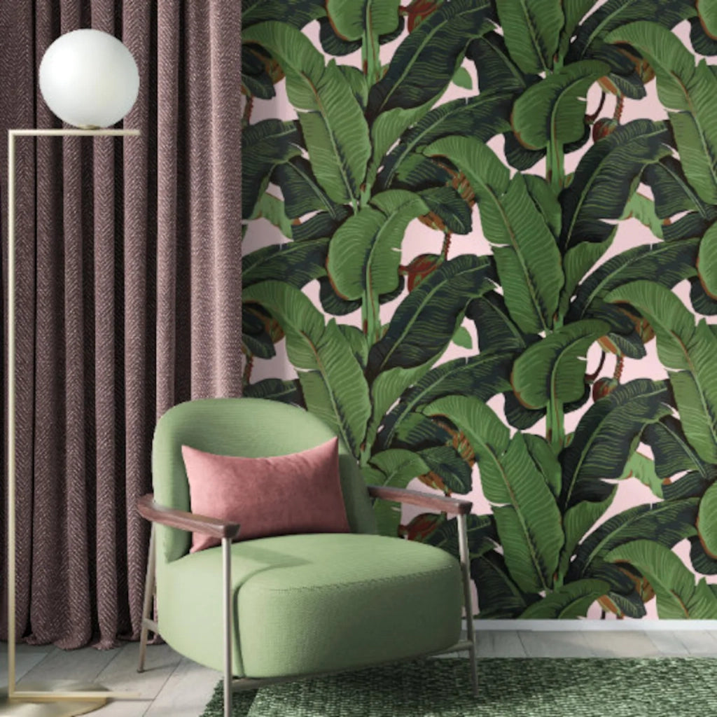 Carta da Parati Foglie di Banano Rosa Carta Vegana 250x200cm 5,5mq 