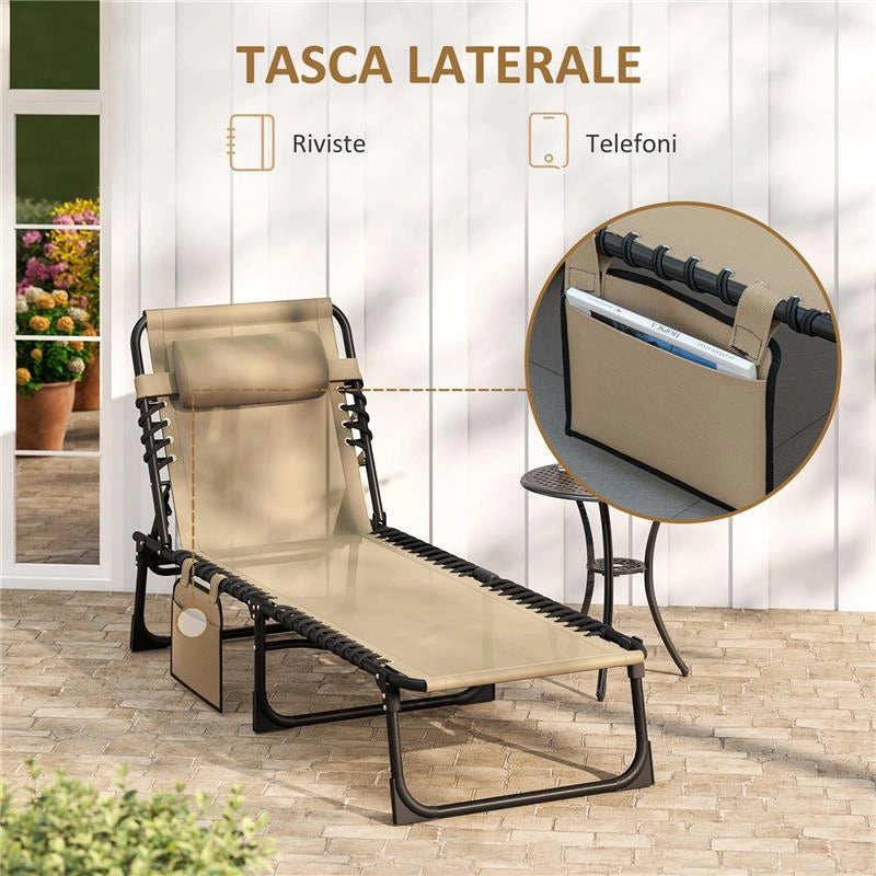 SDRAIO DA GIARDINO PIEGHEVOLE CON SCHIENALE RECLINABILE SU 5 POSIZIONI E CUSCINO, 185X58X30CM, BEIGE
