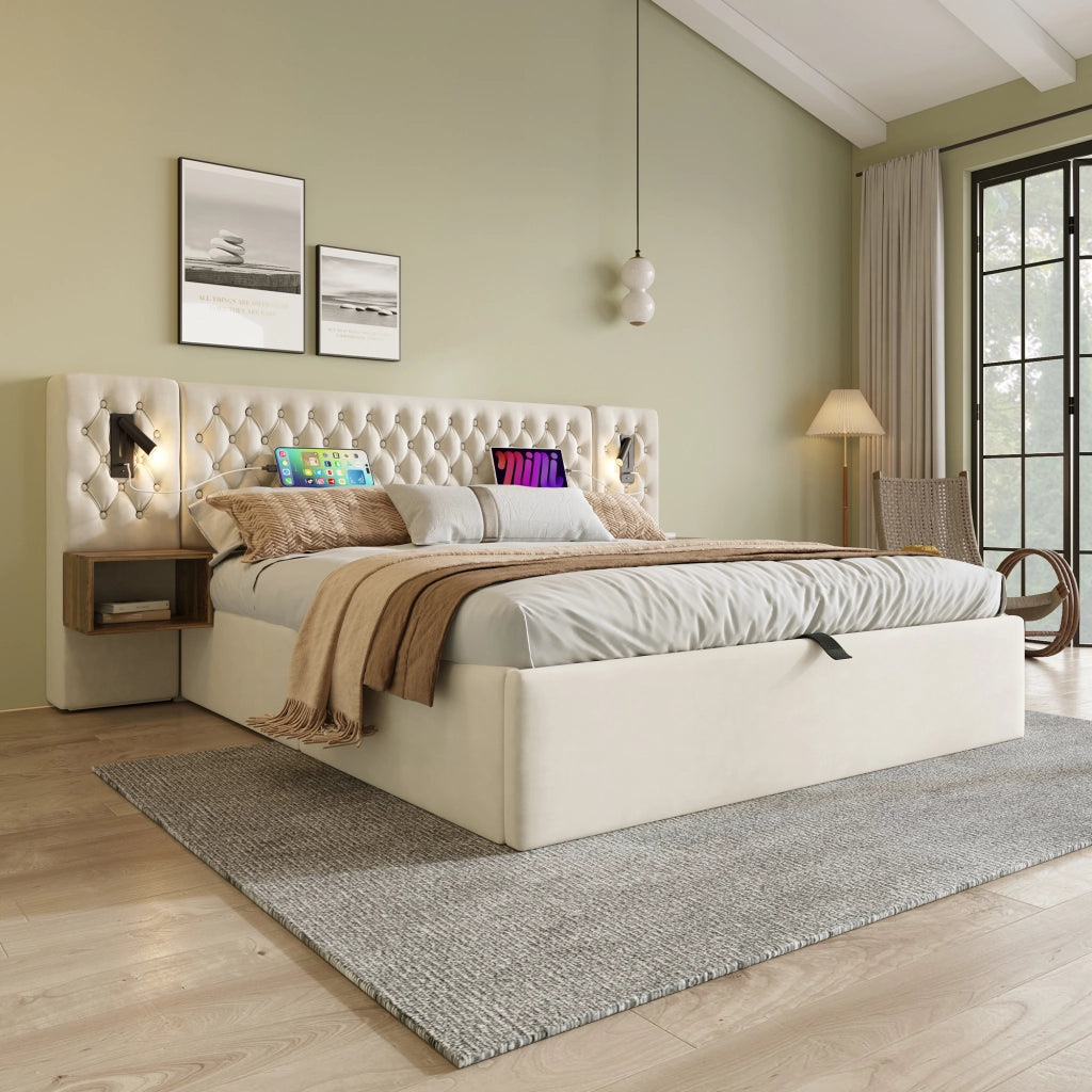 Letti contenitori 180x200 cm; contenitore idraulico con luci lettura; velluto beige (Senza materasso)