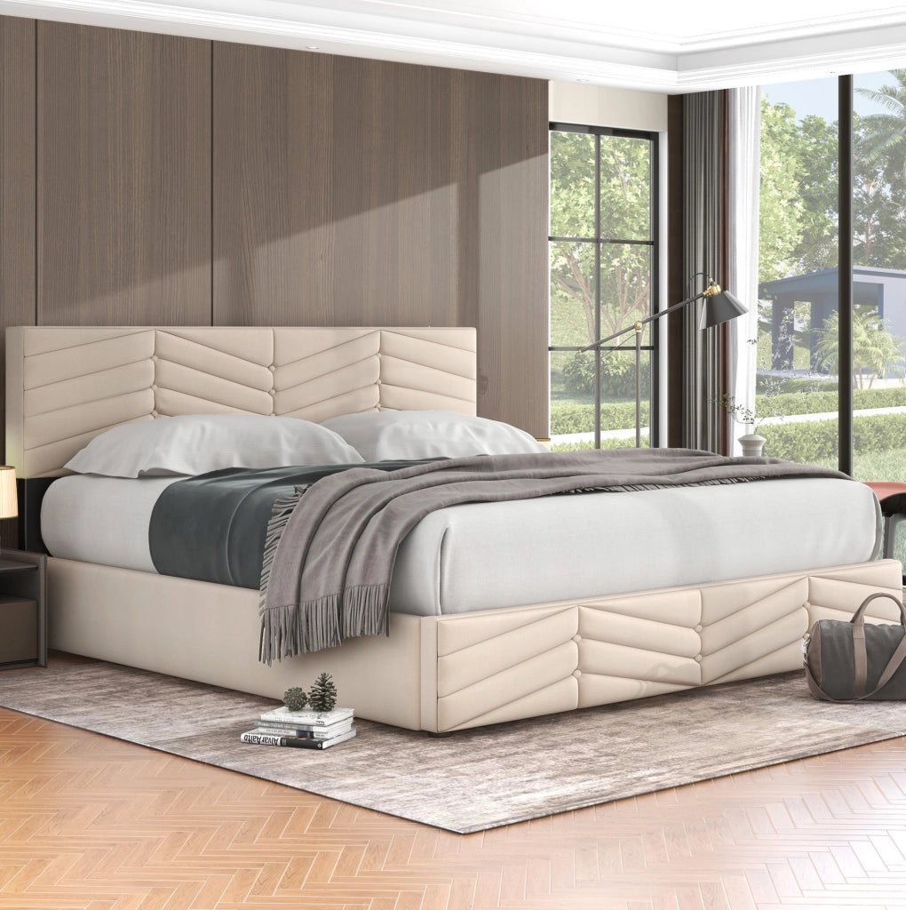 Letto imbottito contenitore in velluto beige 160 x 200 cm