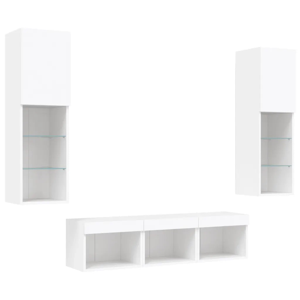 Mobili TV a Muro con LED 5pz Bianchi in Legno Multistrato