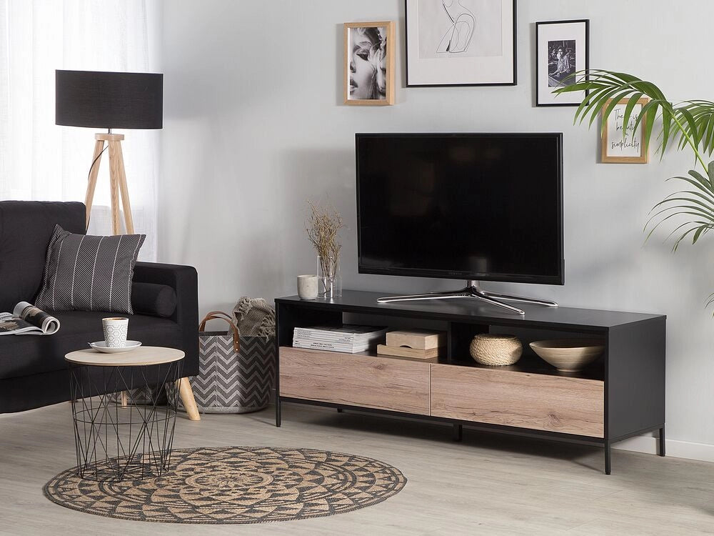 Mobile TV in legno chiaro con Nero per TV fino a 70 pollici con ripiani a 2 cassetti
