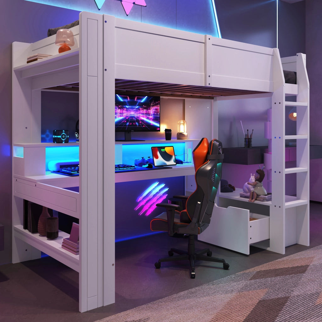 Hochbett bianco in pino con scrivania led e cassetti 90x200 cm