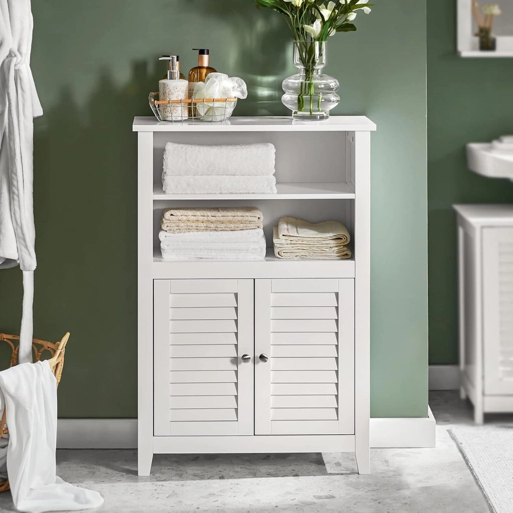 Armadio da Bagno – Mobile da Bagno Salvaspazio con Ripiani e Porte, Credenza in Legno Stretto per Corridoio e Soggiorno, Bianco, 60 x 90 x 26 cm, BZR13-W