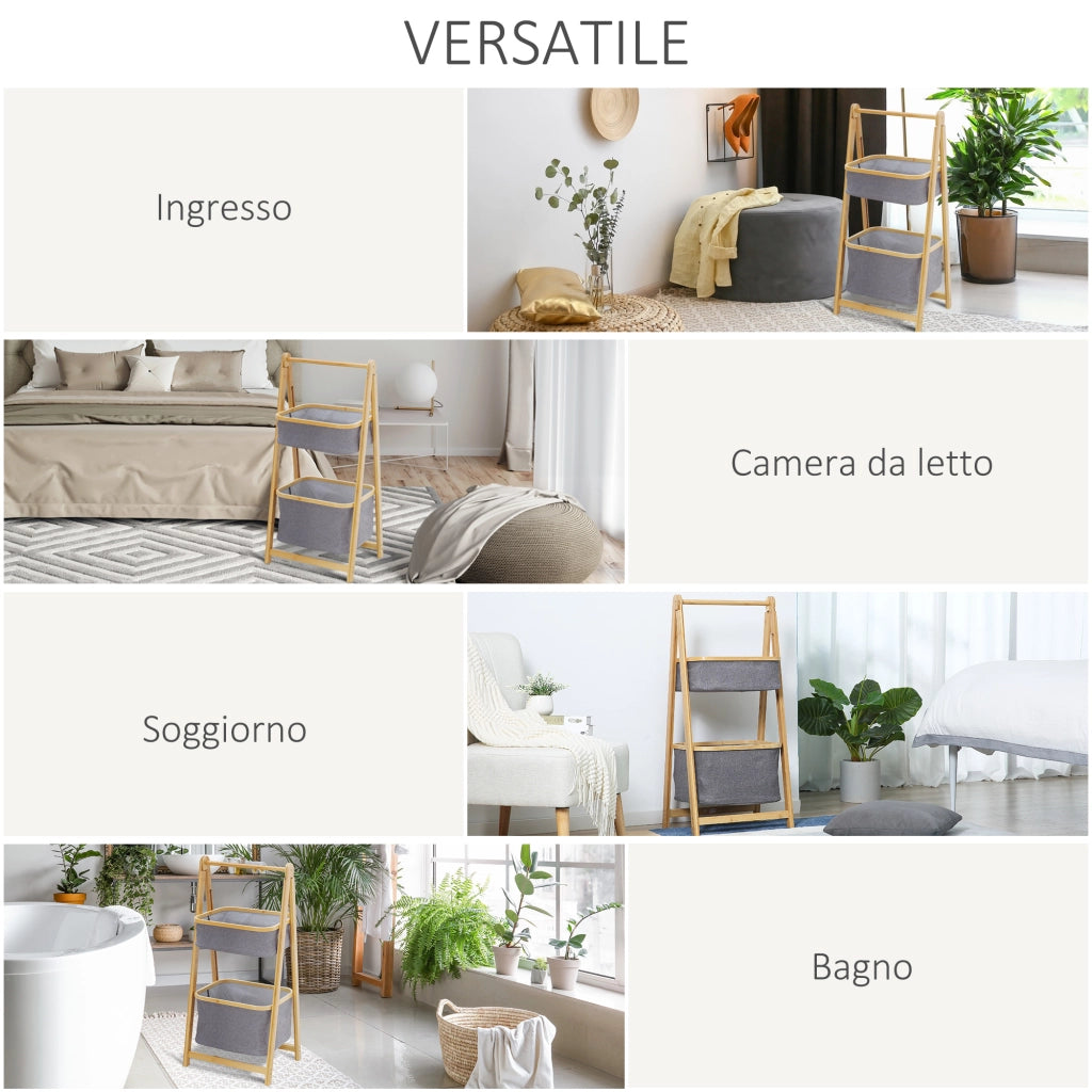 Easycomfort Mobile Bagno Pieghevole in Bambù con 2 Cassetti in Tessuto Poliestere Grigio, 45x35x98cm