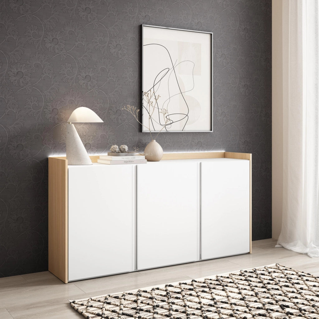 Credenza, Mobile, Cucina, 156x80x35 cm, 3 Porte, LED, Bianco e Rovere soft