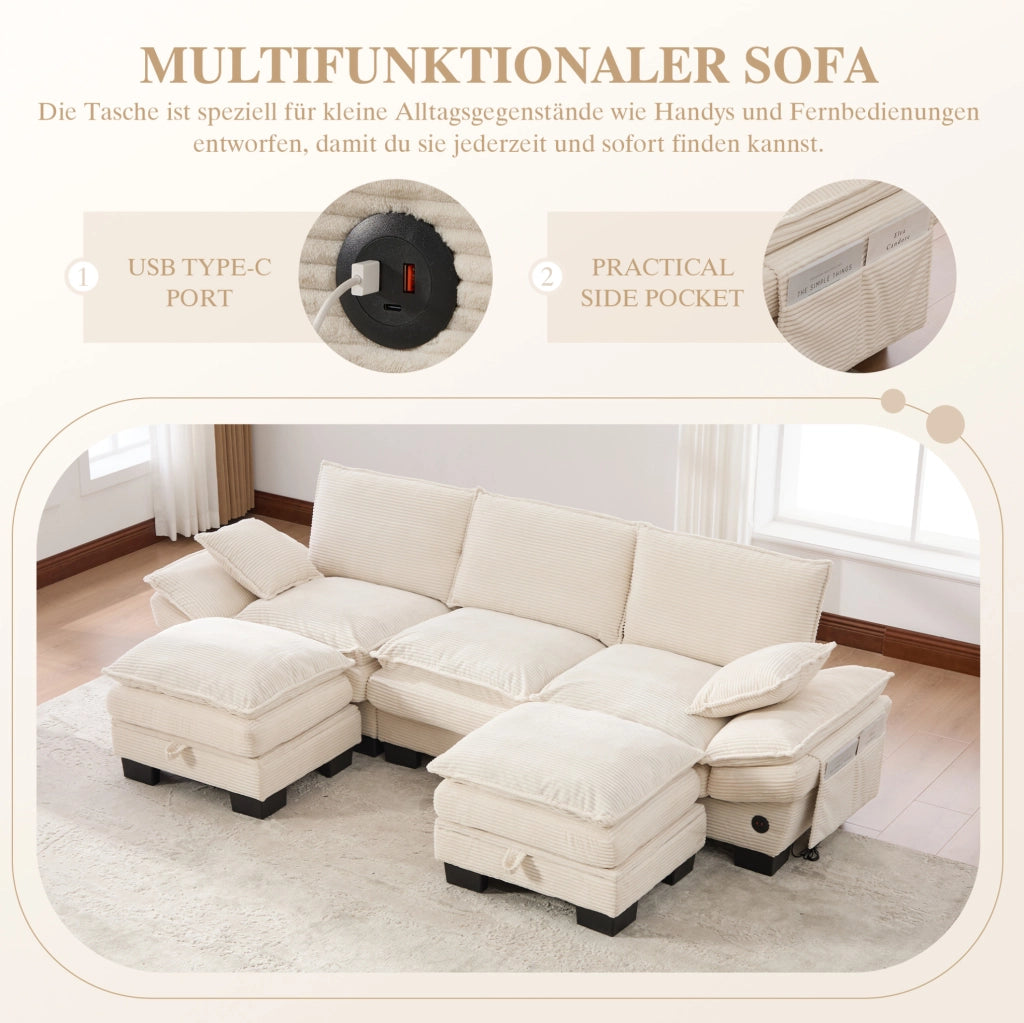 Divano modulare 3 posti in velluto a coste beige con 2 pouf