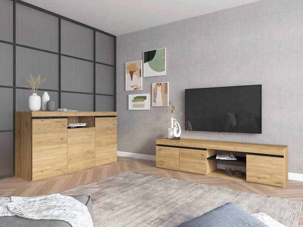 Set Naturale soggiorno sala da pranzo, mobili ausiliari, buffet mobile-tv 160cm rovere nordico nero