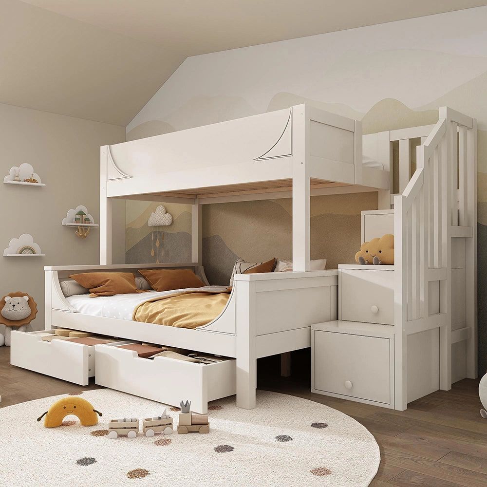 Letto a castello-Xylo-90x200+140x200cm, scala, cassetti, design slitta, bianco