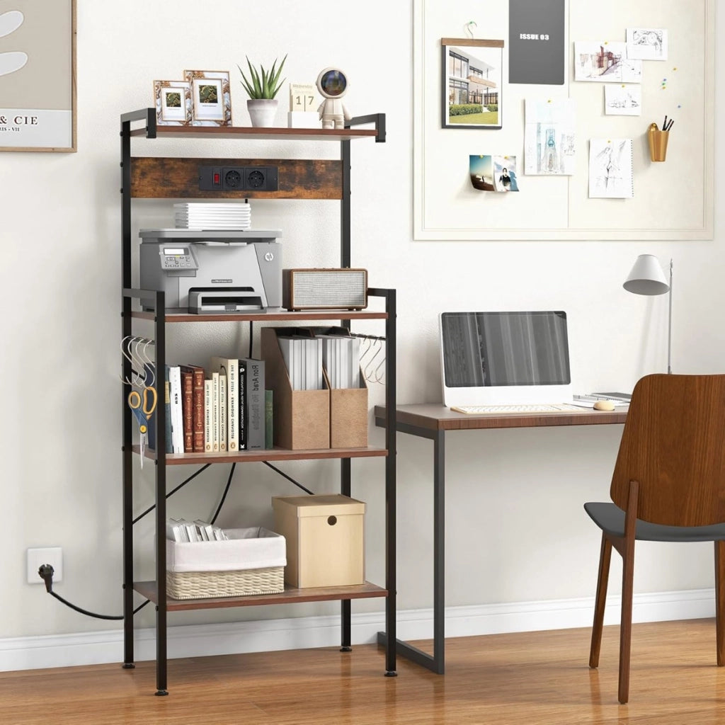 Scaffale da cucina con prese di corrente, Supporto per microonde a 4 livelli con 8 ganci a S Marrone rustico