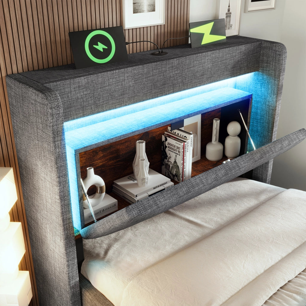 Letto Contenitore 90 x 200 cm; Letto Singolo - USB; Type-C; LED e Cassetto - Grigio