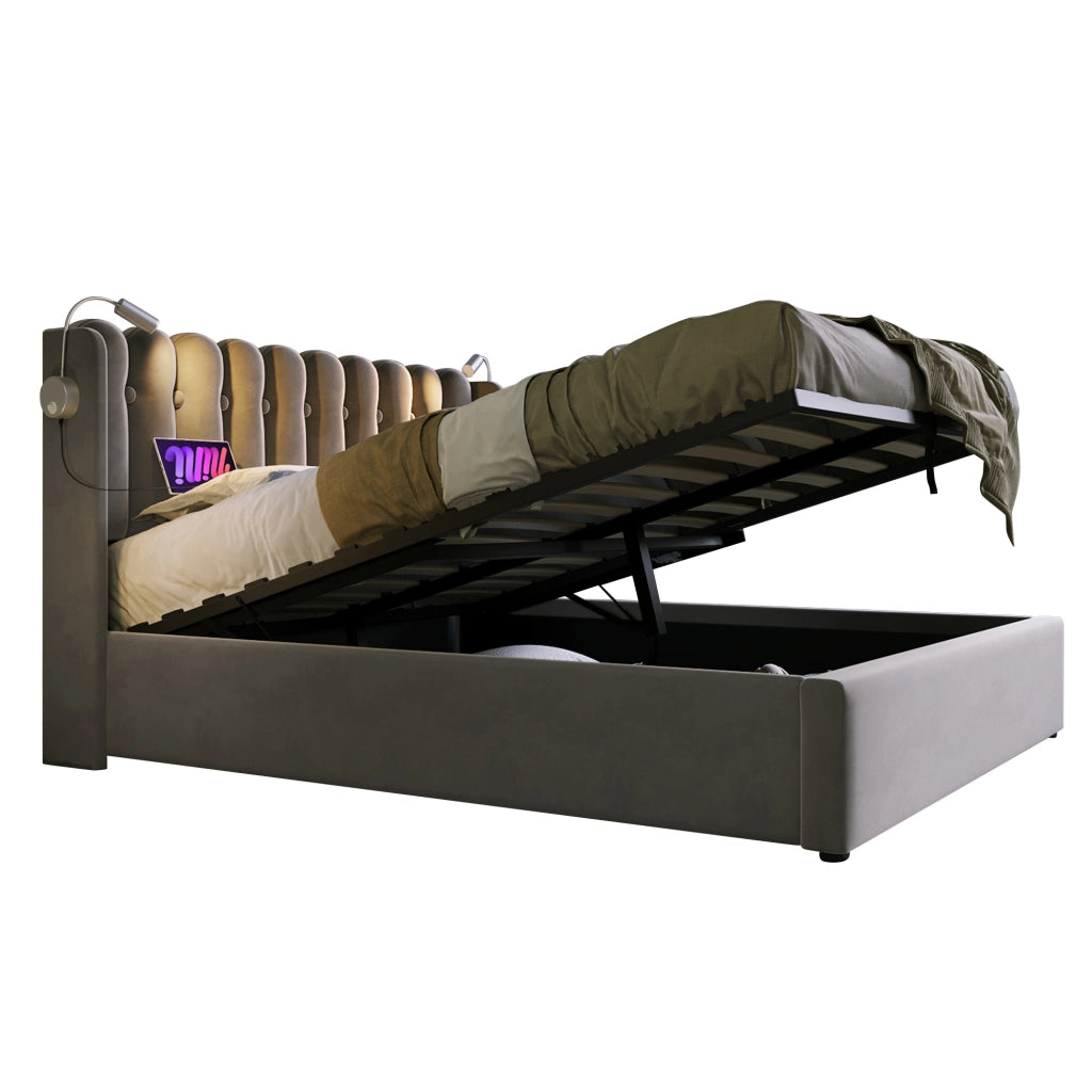Letti contenitori 140x200 cm con contenitore; luce da lettura e ricarica USB; velluto grigio (Senza materasso)