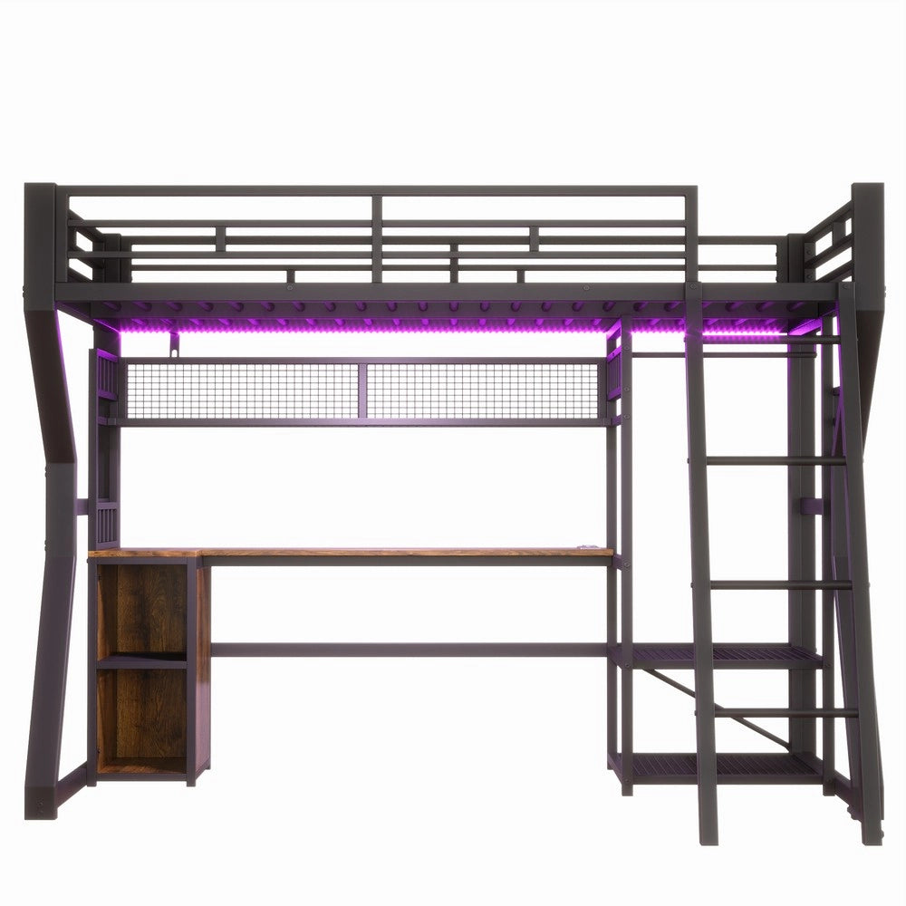 Letto a Soppalco con Scrivania e LED ¨C Xylo ¨C Nero 90x200, Metallo