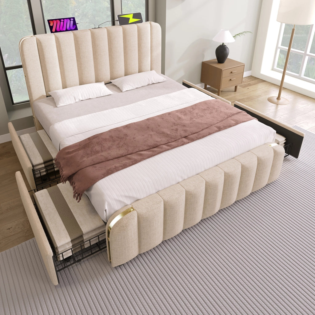 Letto con Cassetti Matrimoniale 160 x 200 cm; USB; Porta C; LED e Testiera con Contenitore; senza Materasso; Grigio