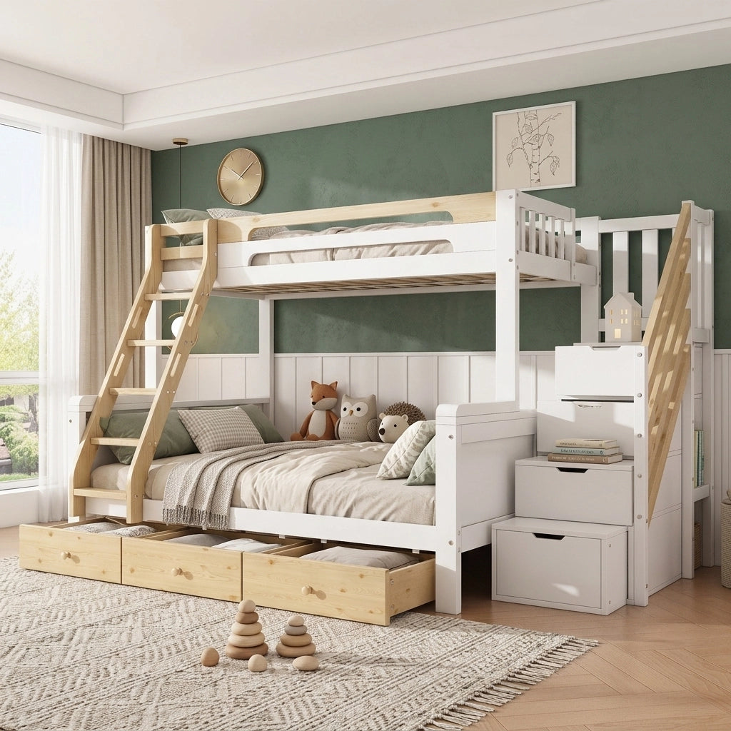 Letto a Castello 90x200 cm e 140x200 cm con Scaletta; 3 Cassetti; Bianco e Naturale