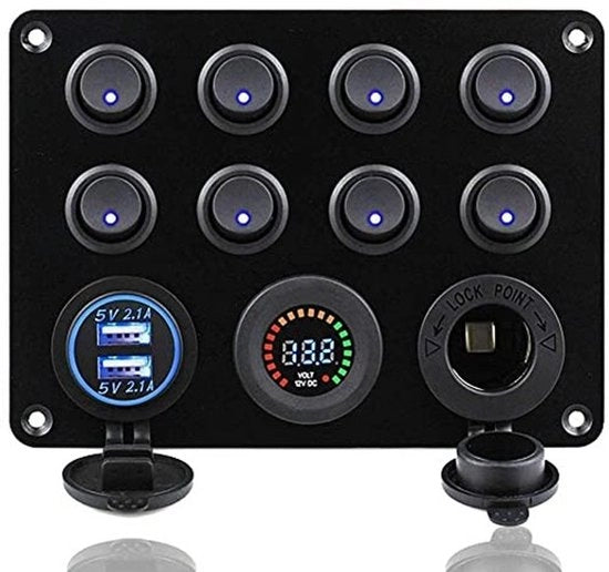 Pannello - 8 Interruttori - Doppia Porta di Ricarica USB - Contatore di Tensione Digitale - Sicurezza - Adatto per Auto, Camion - Nero