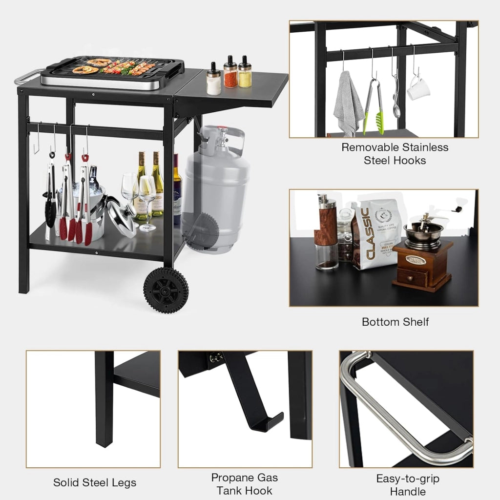 Carrello Cucina con Laminati Pieghevoli, 4 Ganci Extra e 2 Ruote, Scaffale Cucina in Metallo per Grigliate, Carrello per Barbecue, Carrello di Servizio per Giardino, 96,5 x 64 x 75,5 cm