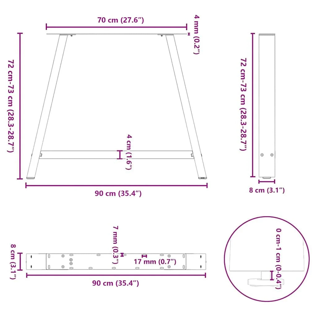 Set di 2 gambe per tavolo da pranzo a forma di A 90 x 72-73 cm design moderno con piedini regolabili acciaio nero 02_0057139