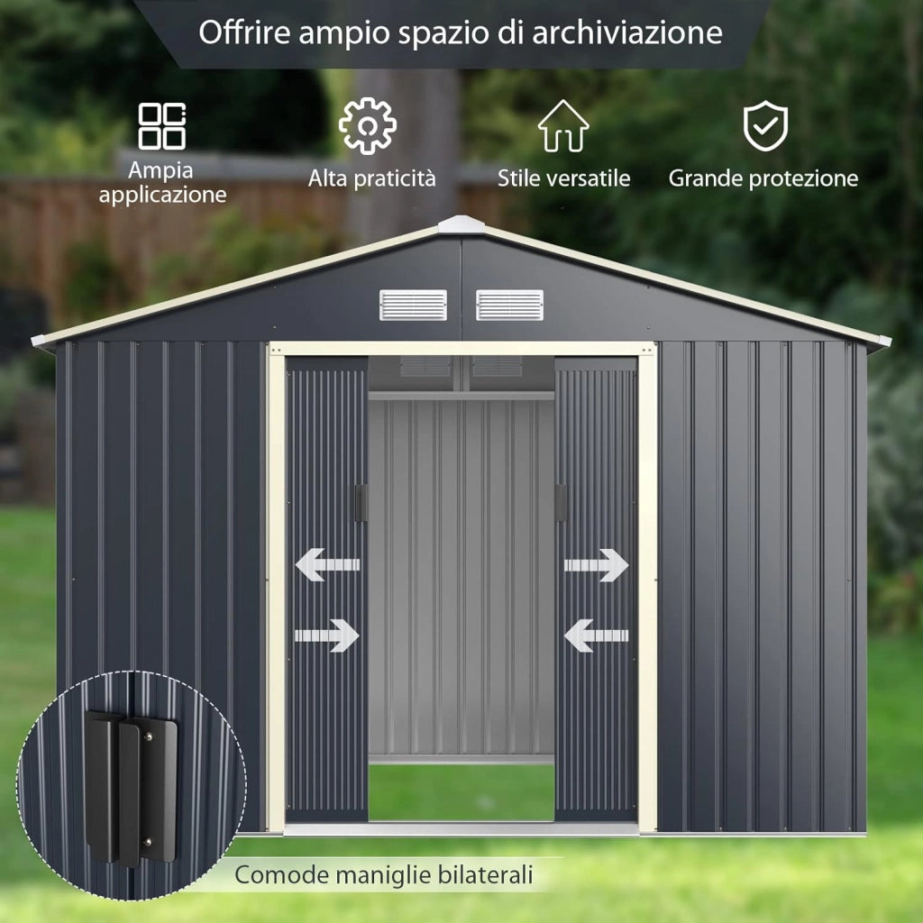 Casetta da Giardino Porta Attrezzi in Lamiera Acciaio Zincato 4,83 M2, Capanno da Esterno con Tettoia, Sfilati e Ante Scorrevoli (267 x 181 x 202 cm)