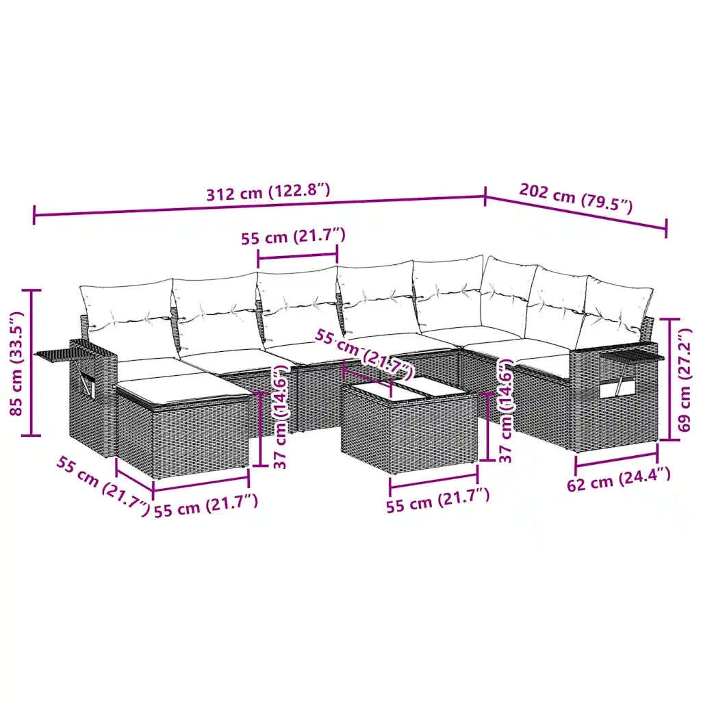 Set Divani da Giardino 9 pz con Cuscini Nero in Polyrattan